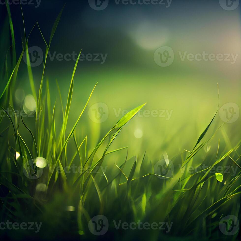 magnifique texture de vert Prairie herbe avec rosée gouttes proche en haut, abstrait brouiller Naturel bokeh Contexte - ai généré image photo