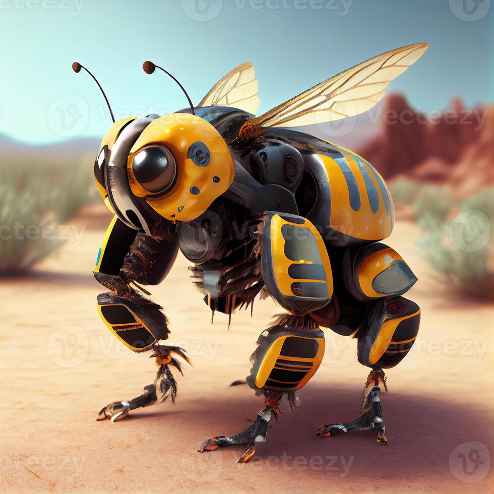 génératif ai, robot cyborg abeille, concept blockchain et La technologie les réseaux, Jaune mécanique insecte. steampunk cyberpunk style, artificiel intelligence photo