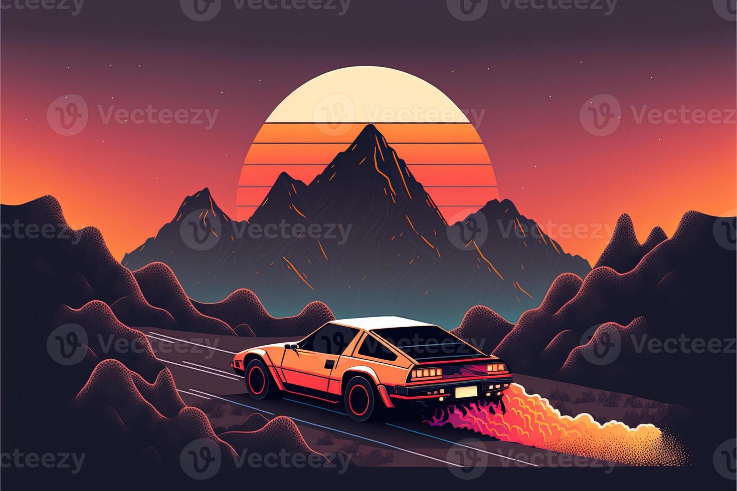 génératif ai, rétro voiture dans rétro style, nostalgique années 80, années 90. nuit paysage, le coucher du soleil couleurs, science-fiction, retrowave ancien illustration. soleil, montagnes et désert. transport, voiture concept. photo