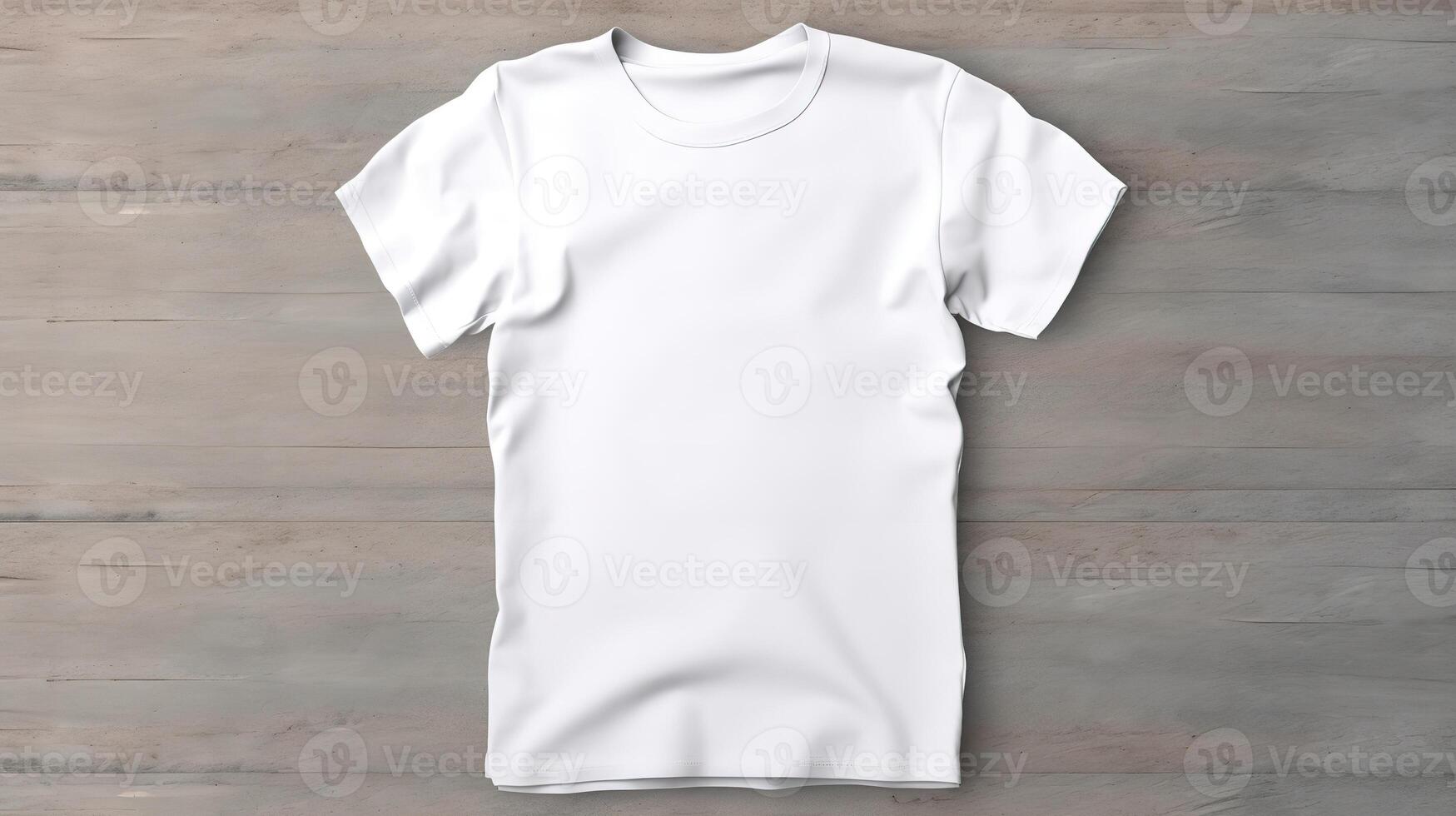 génératif ai, réaliste blanc T-shirt moquer en haut Vide sur bois Contexte pour présentation publicité. Vide affaires concept photo