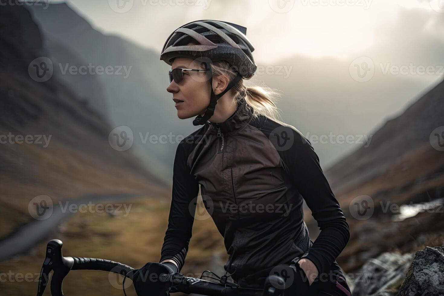 professionnel cycliste dans protecteur casque les trains sur Montagne route. femelle athlète les trains sur une vélo. établi avec génératif ai photo