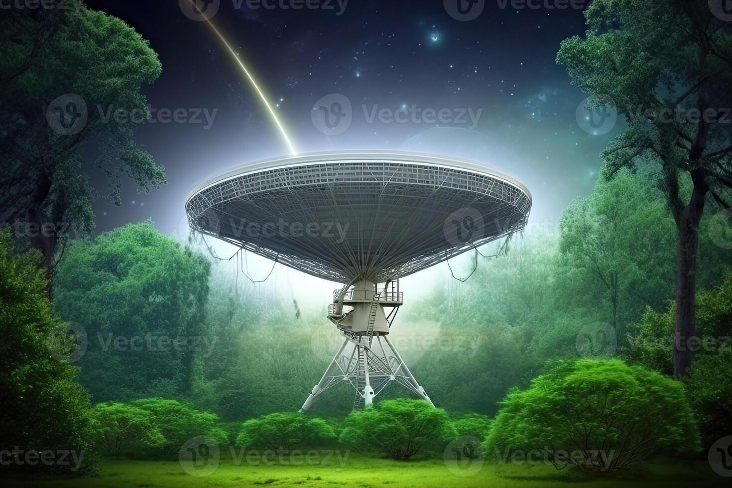 radio télescope à inconnue planète paysage. antenne pour de espace signaux recherche. espace observatoire. établi avec génératif ai photo