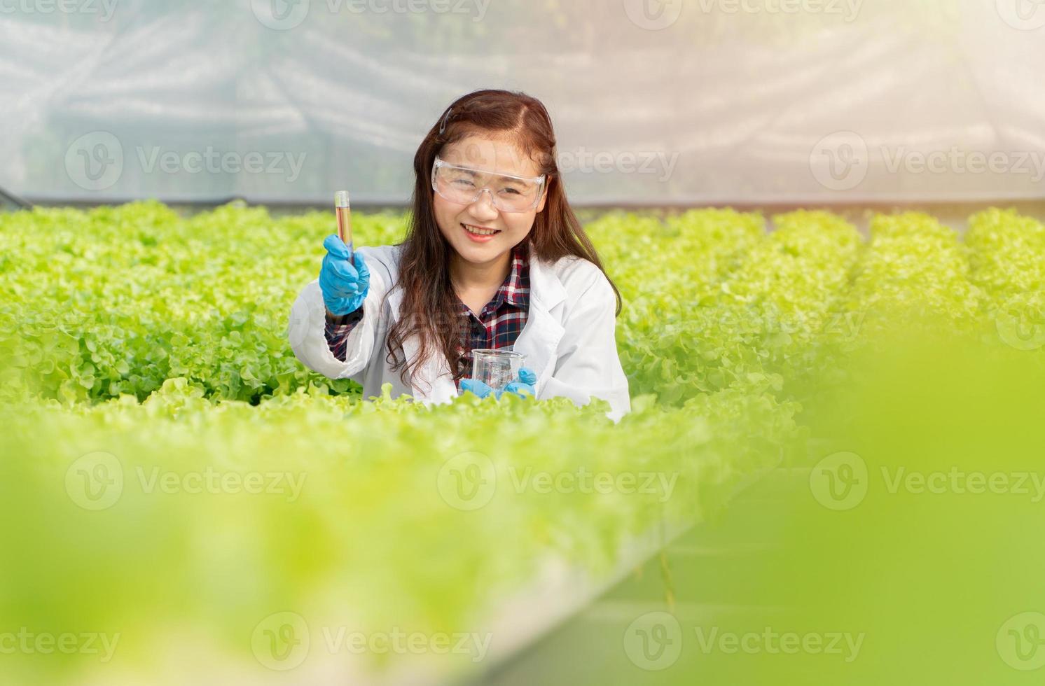 asiatique femme scientifiques en portant une recherche tube à vérifier le qualité de l'eau dans hydroponique ferme système dans serre. concept de biologique nourriture contrôler le environnement, éclairage, température, l'eau photo