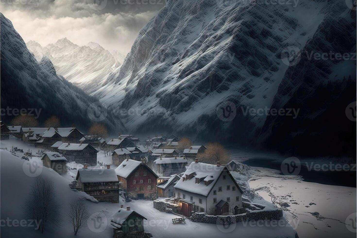 ai généré neige couvert village niché dans le montagnes. photo