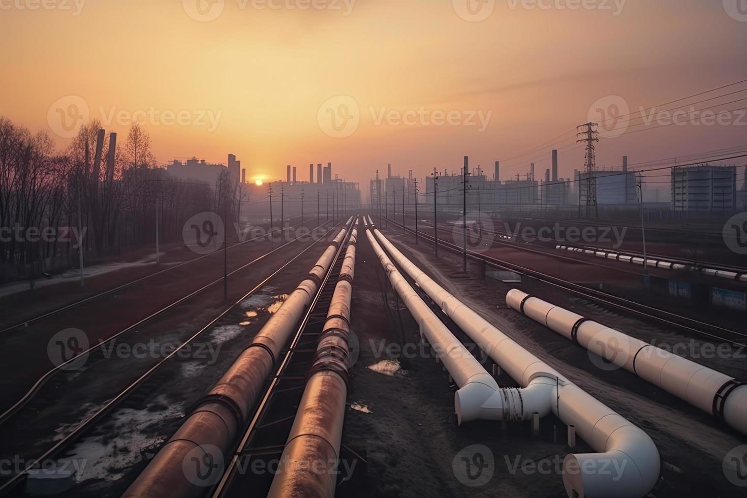 acier longue tuyaux dans brut pétrole usine pendant le coucher du soleil photo