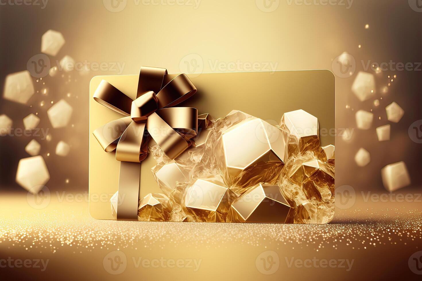 ai généré Noël cadeau carte sur d'or cristal Contexte. photo