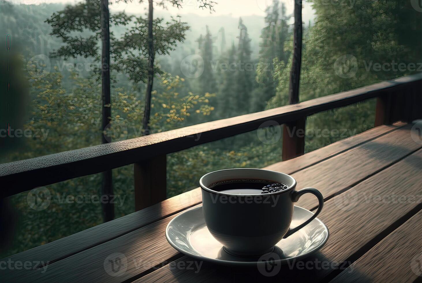 ai généré tasse de noir café mis sur le table sur le balcon surplombant de face le Montagne. photo