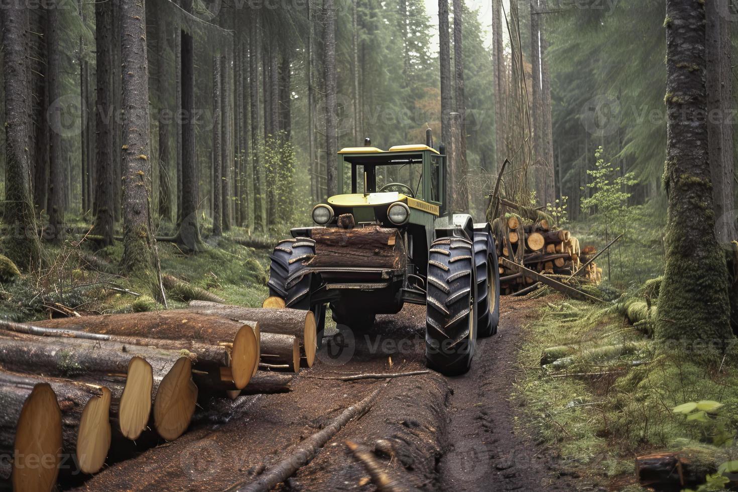 câble débardeur tirant journaux dans forêt photo