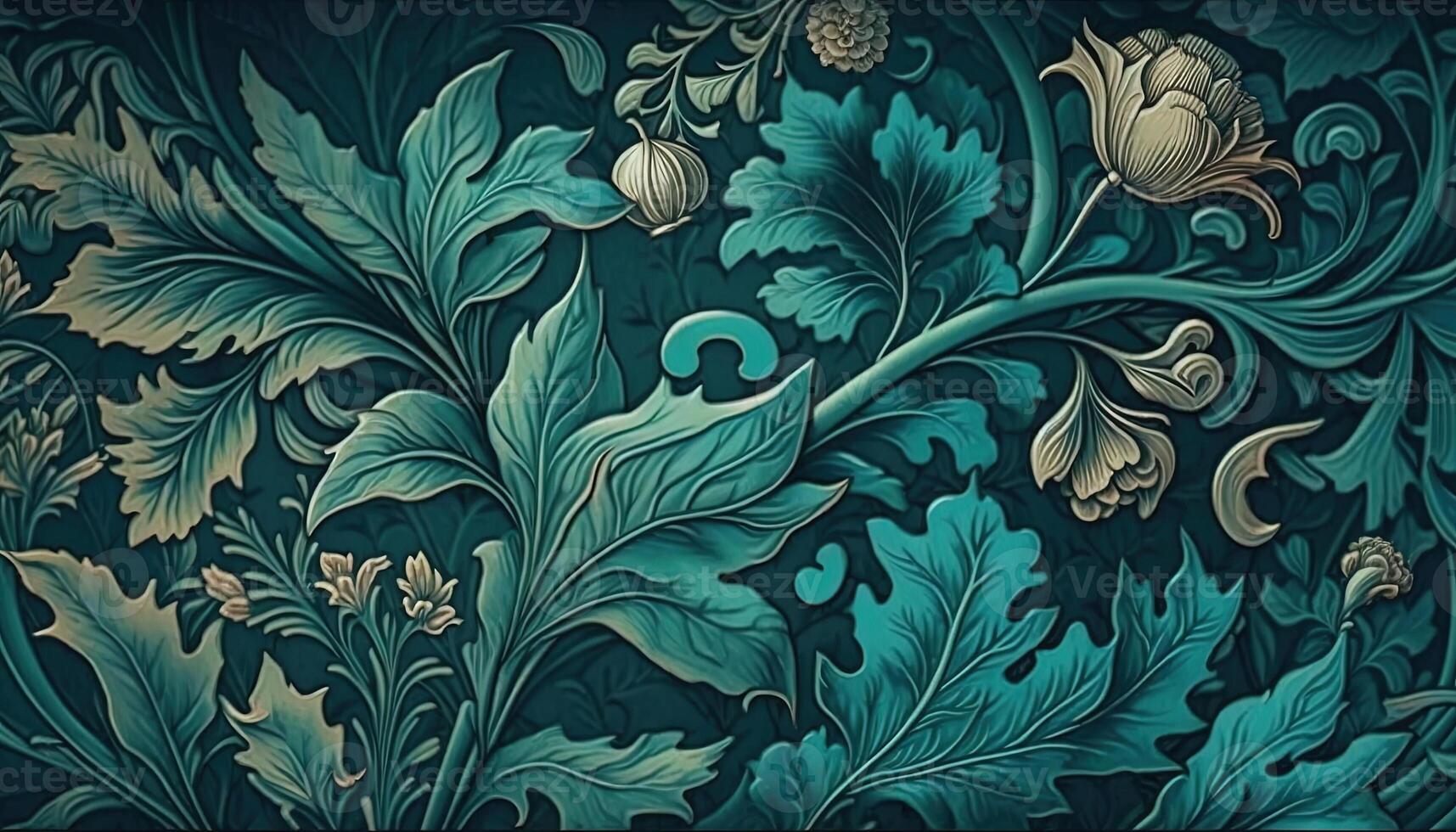 génératif ai, floral sarcelle, vert bleu modèle. William morris inspiré Naturel les plantes et fleurs arrière-plan, ancien illustration. feuillage ornement. photo