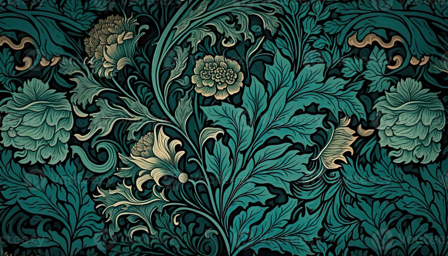 génératif ai, floral sarcelle, vert bleu modèle. William morris inspiré Naturel les plantes et fleurs arrière-plan, ancien illustration. feuillage ornement. photo