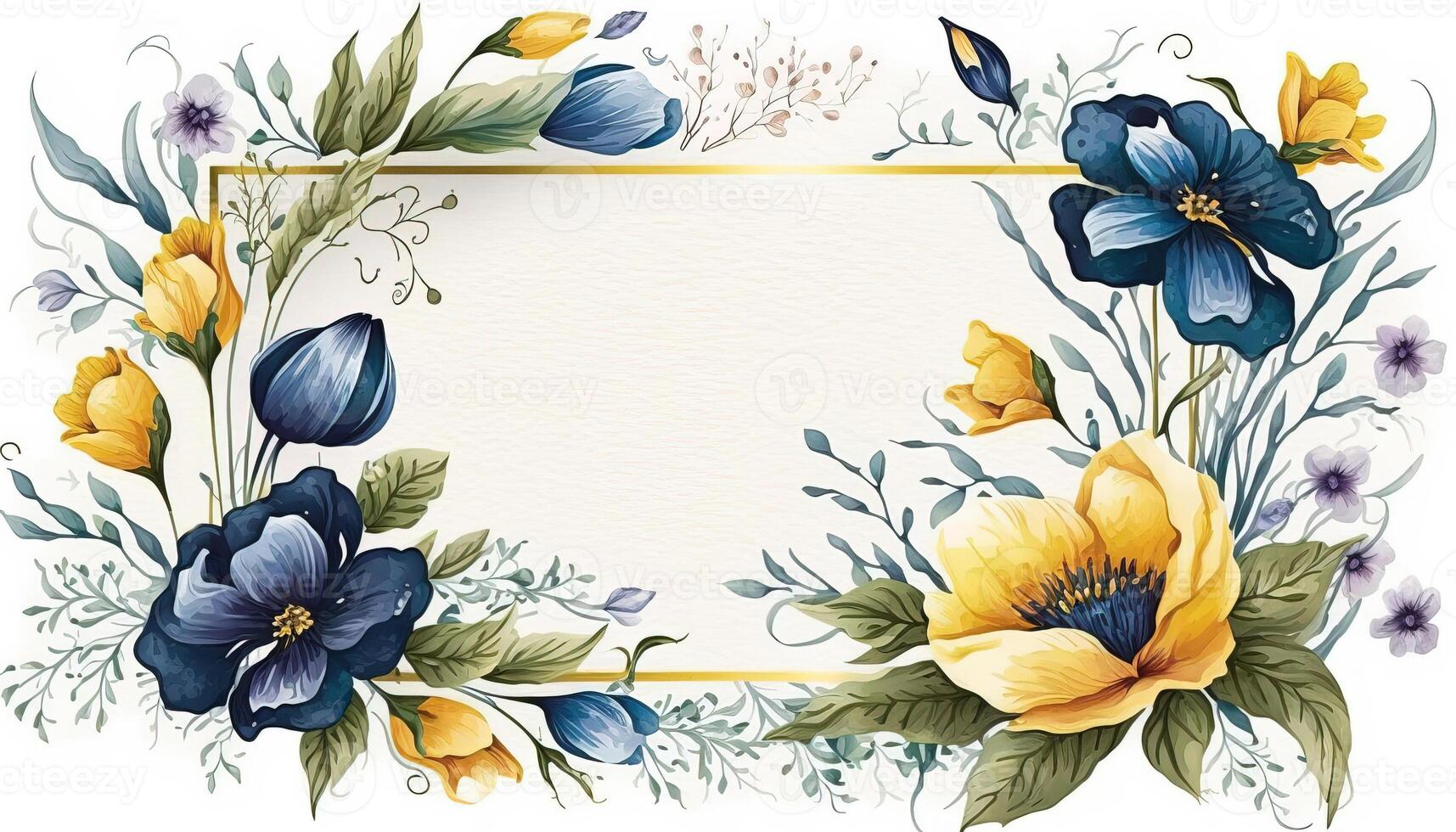 génératif ai, aquarelle Cadre avec printemps bleu et Jaune fleurs, main tiré art style avec endroit pour texte. salutation, anniversaire et autre vacances, mariage invitation concept photo