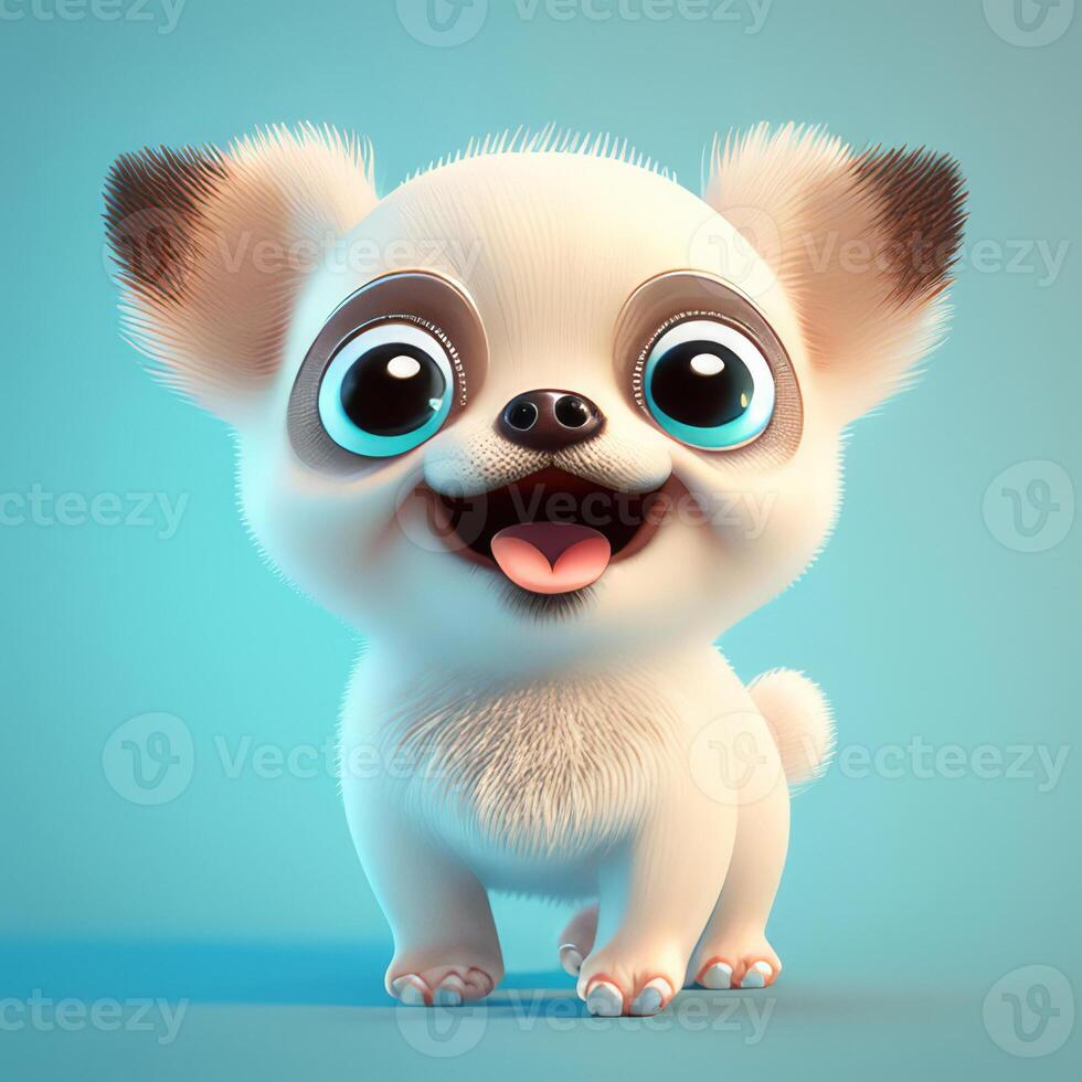 réaliste 3d le rendu de une content, duveteux et mignonne chiot souriant avec gros yeux à la recherche tout droit à toi. établi avec génératif ai photo