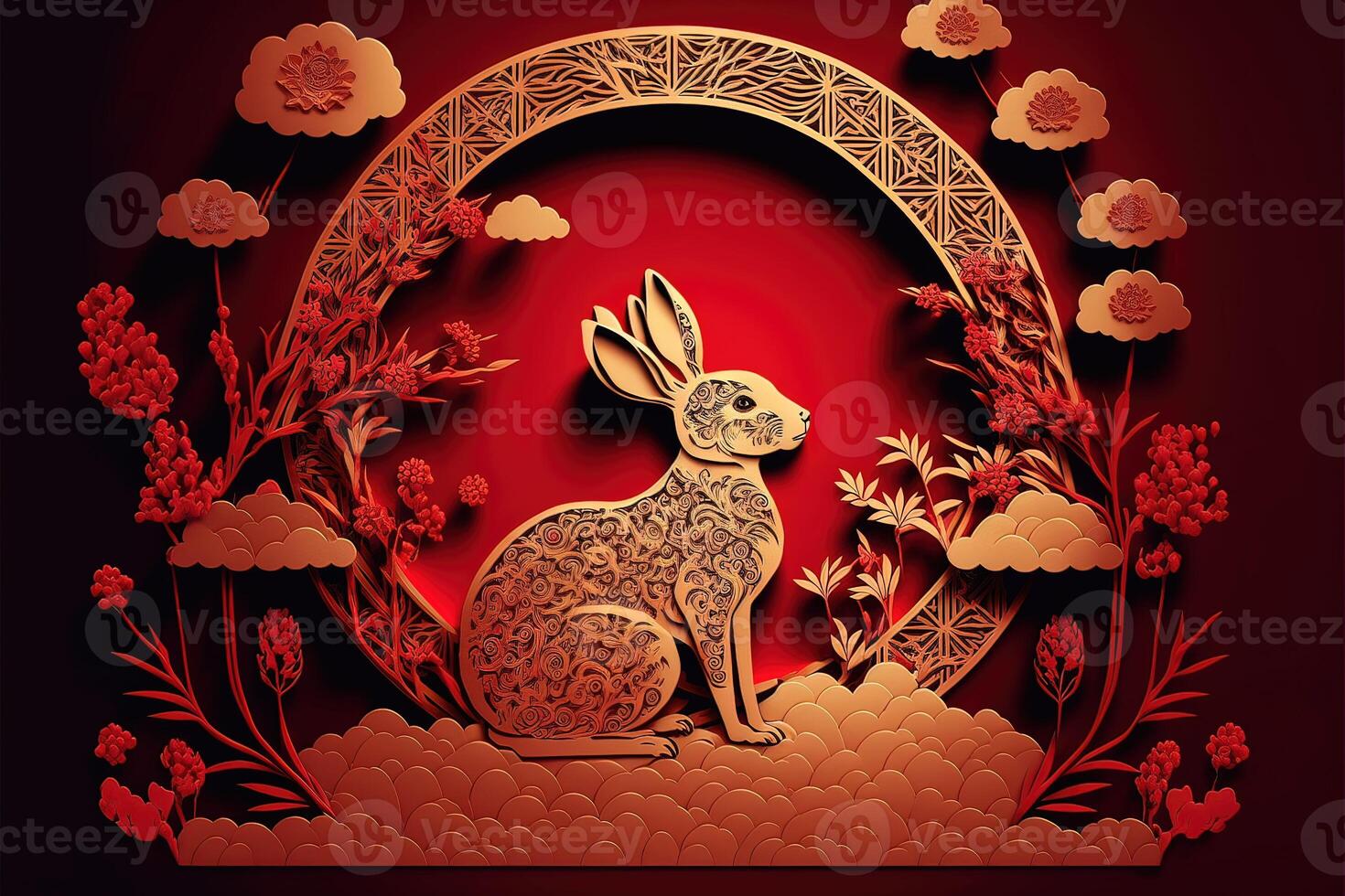 ai généré année de le lapin zodiaque signe avec fleurs et nuage, asiatique style. or et rouge Couleur éléments concept. photo