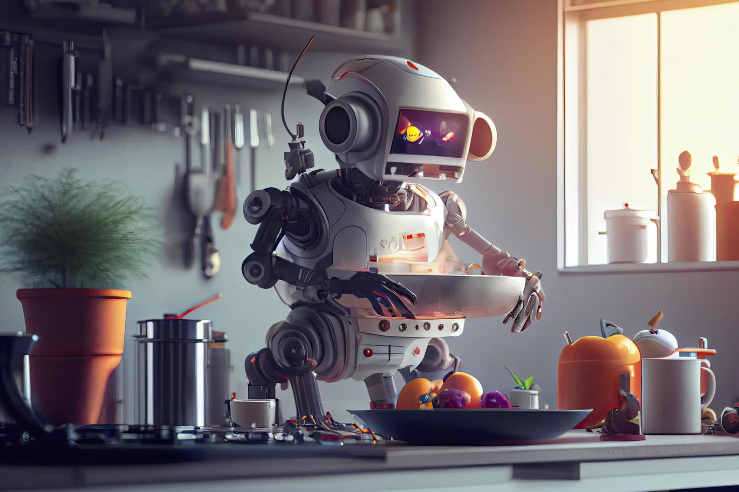 robot chef cuisine dans cuisine de futur Accueil génie, intelligent robot travail dans moderne maison photo