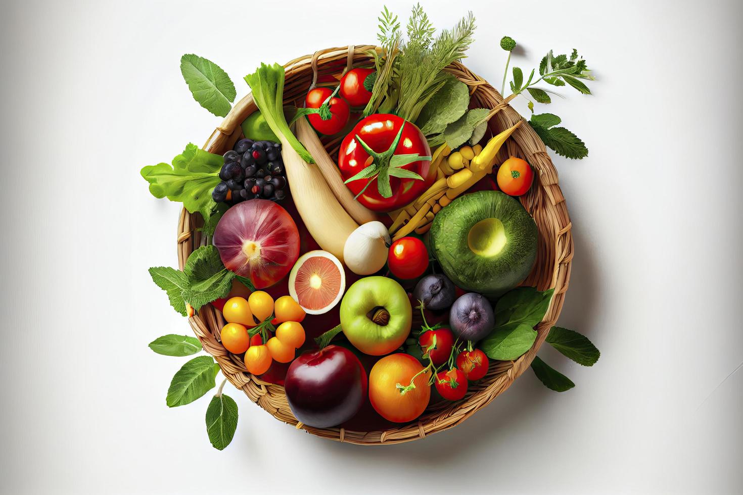 en bonne santé nourriture dans une panier, studio coup de différent des fruits et des légumes isolé sur une blanc Contexte photo