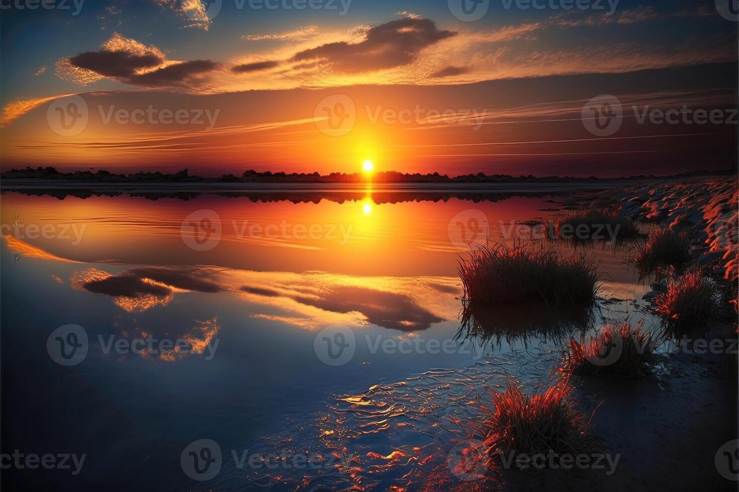 couchers de soleil ou le soleil se lève plus de une corps de l'eau. ai généré photo