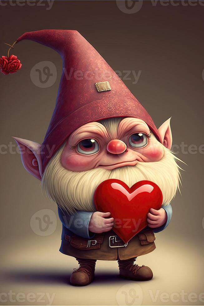 ai généré mignonne gnome en portant une cœur Valentin dessin animé. photo