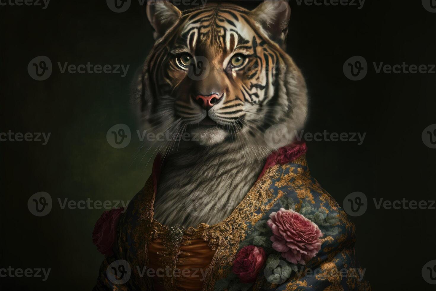 portrait de tigre dans une victorien robe. ai généré photo