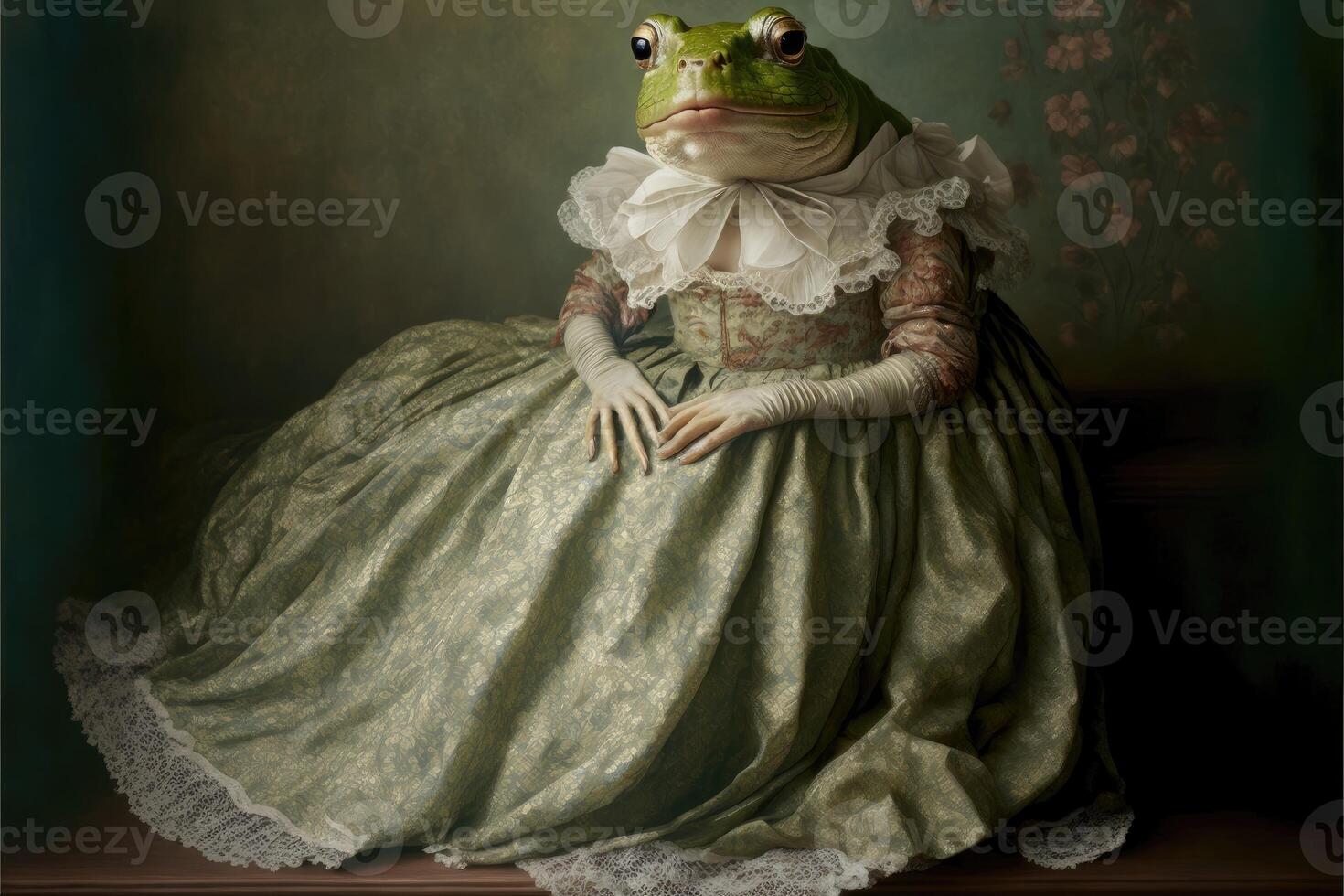 portrait de grenouille dans une victorien robe. ai généré photo