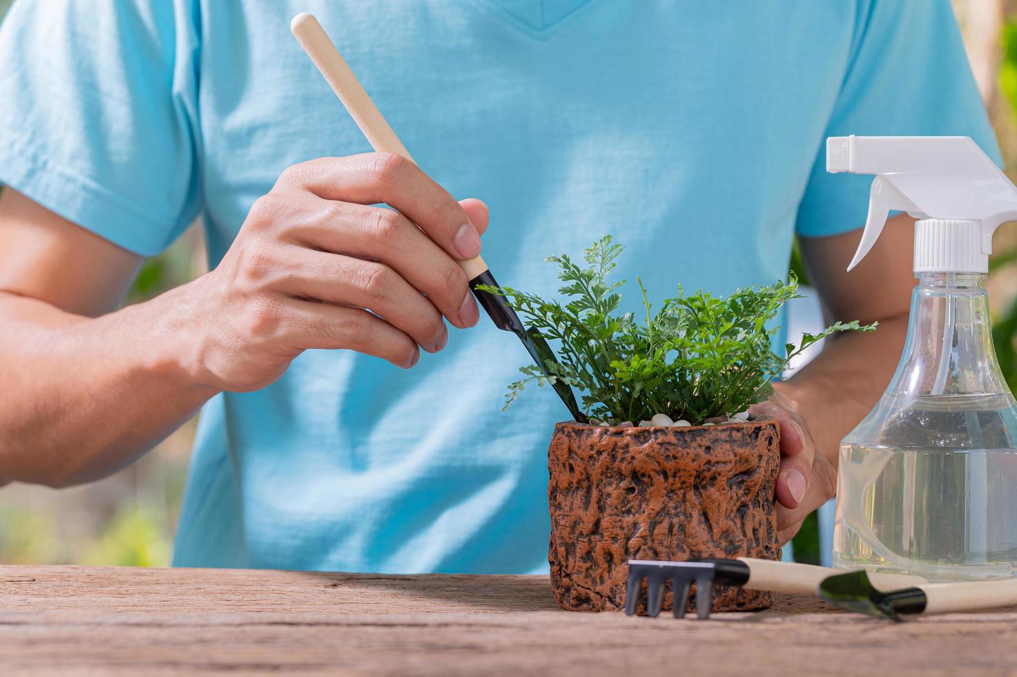 une personne plantant des arbres dans des pots, concept pour l'amour des plantes et de l'environnement photo