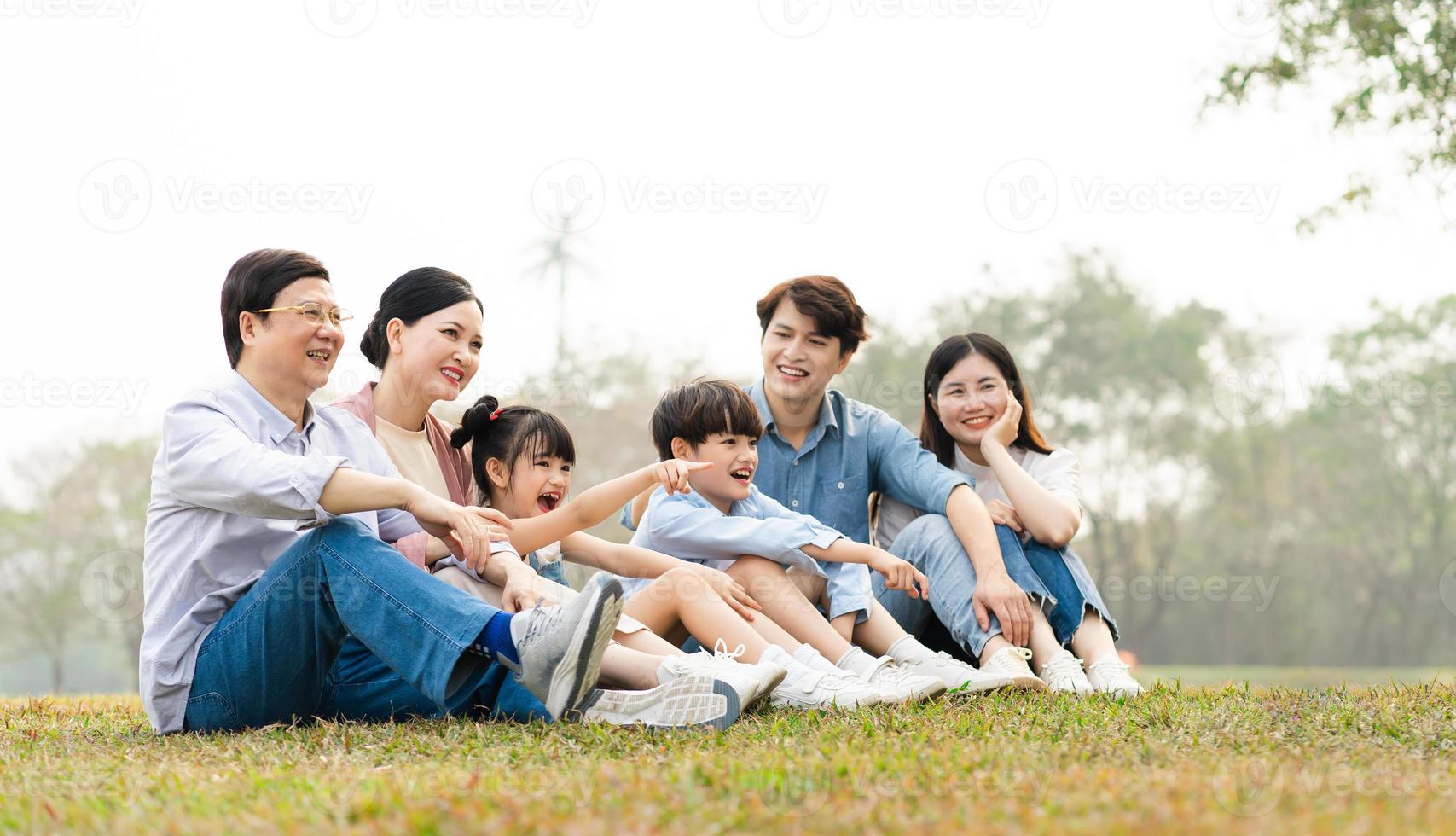 image de un asiatique famille séance ensemble sur le herbe à le parc photo