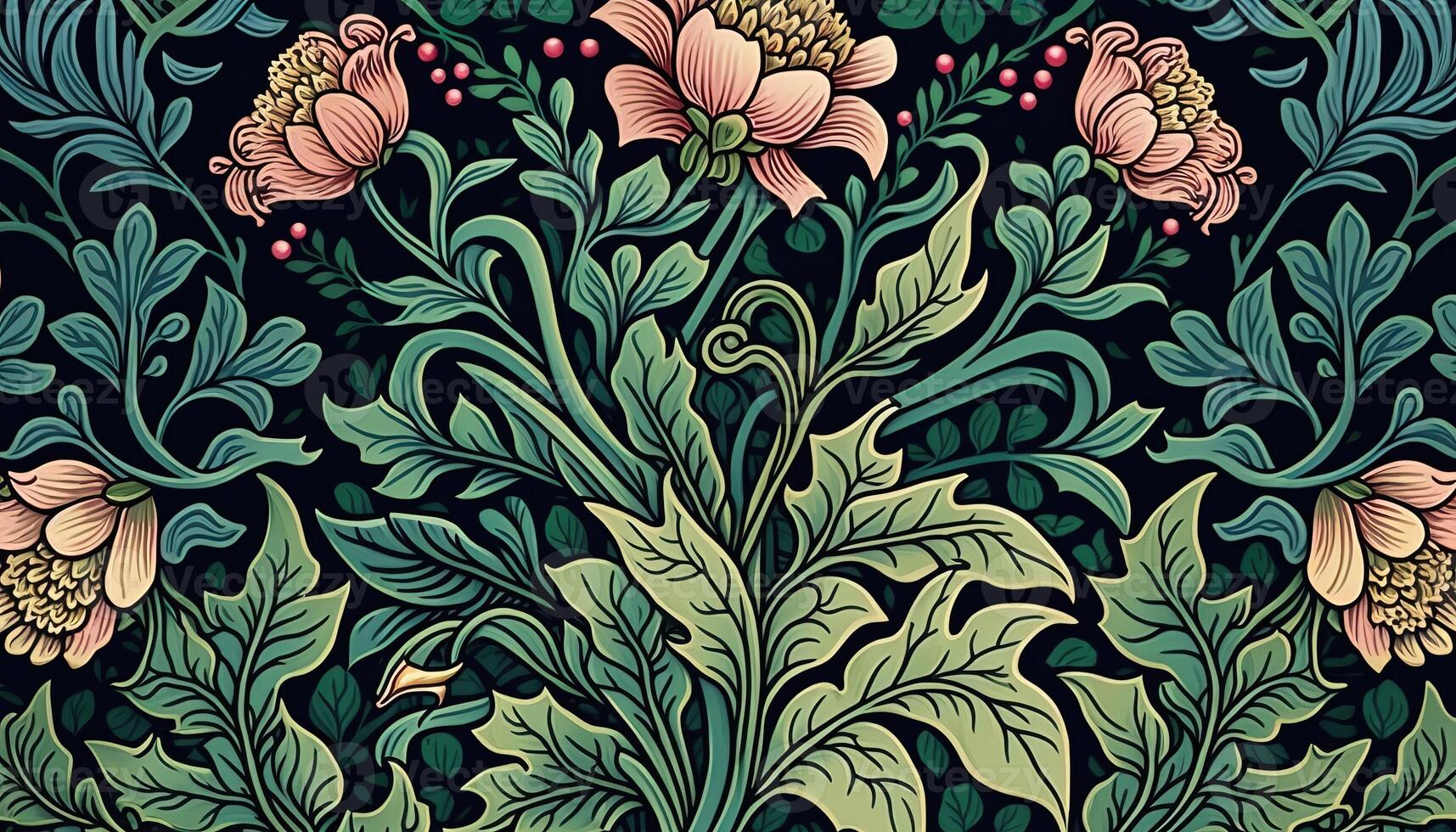 génératif ai, floral coloré modèle. William morris inspiré Naturel les plantes et fleurs arrière-plan, ancien illustration. feuillage ornement. photo