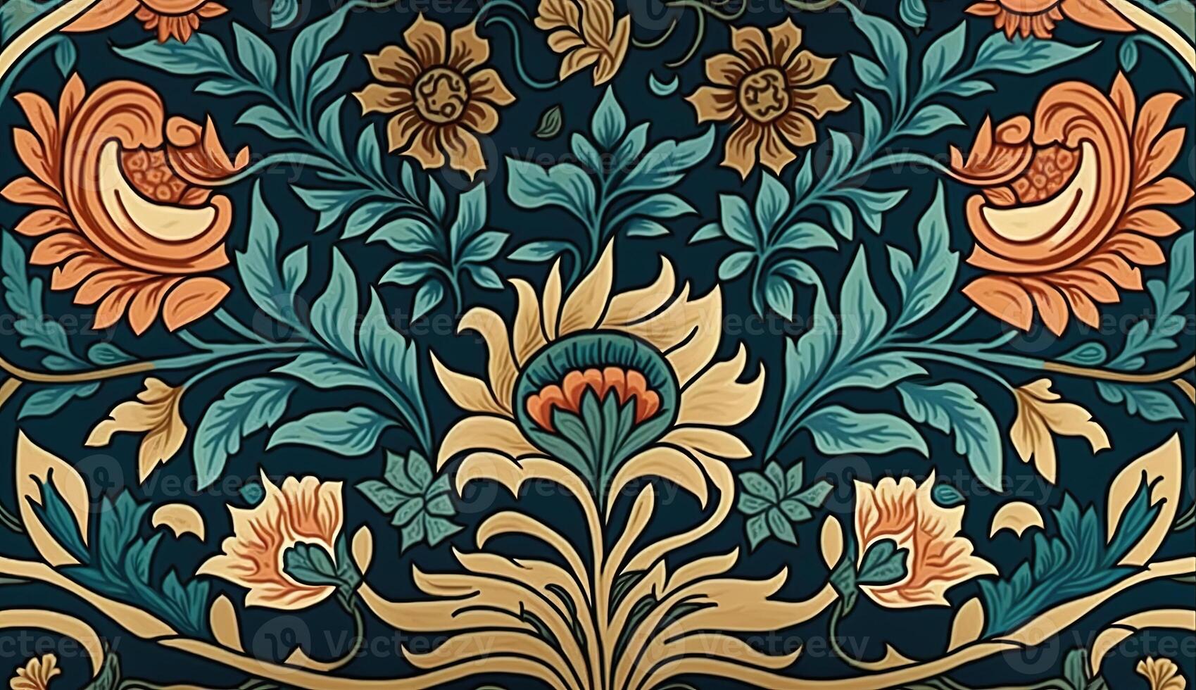 génératif ai, floral coloré modèle. William morris inspiré Naturel les plantes et fleurs arrière-plan, ancien illustration. populaire style photo