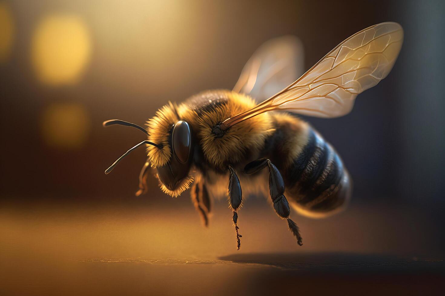 proche en haut réaliste en volant mon chéri les abeilles collecte pollen sur fleurs. établi avec génératif ai photo