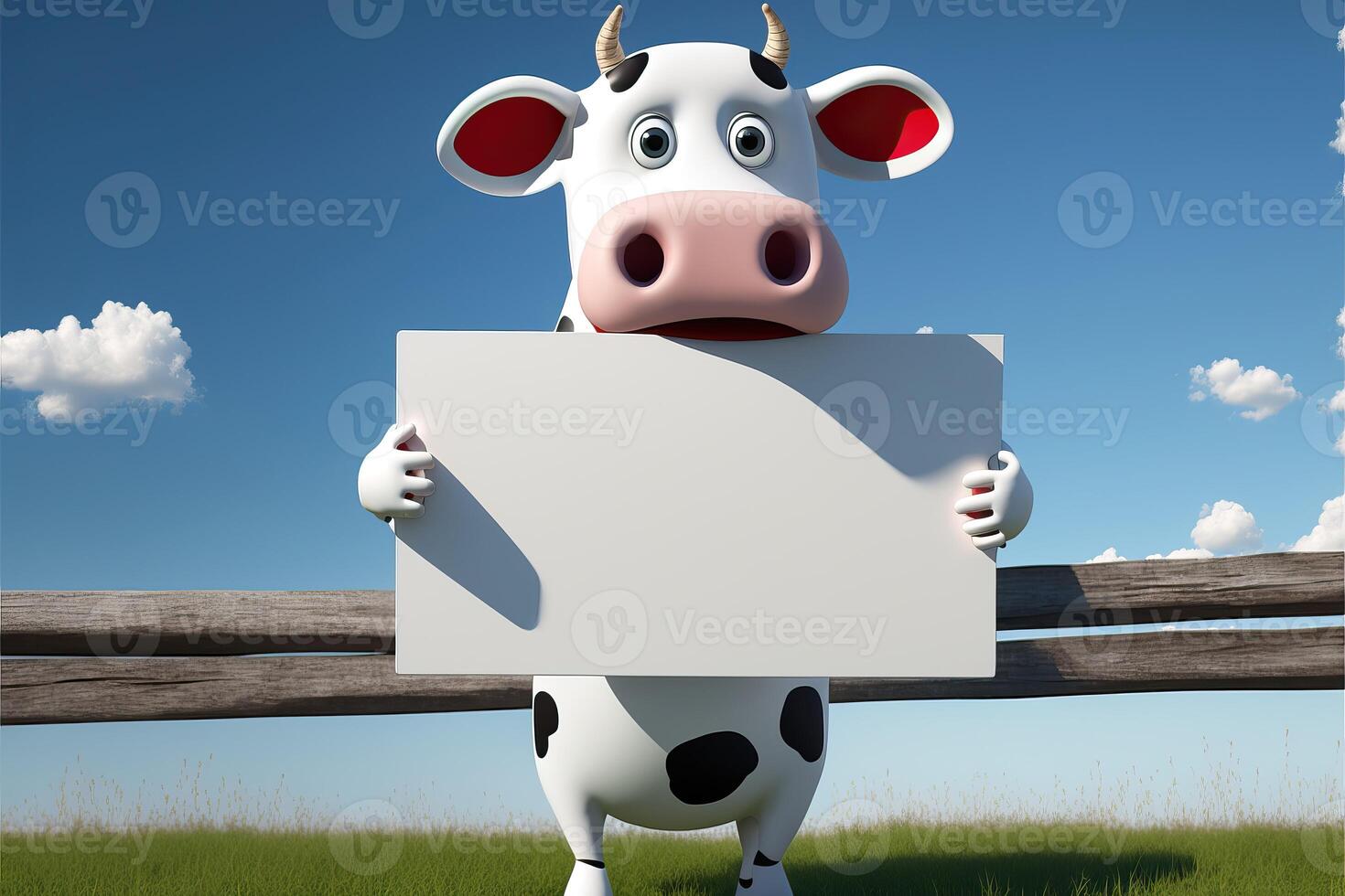 ai généré 3d mignonne vache dessin animé en portant Vide signe. 3d animal Contexte. adapté pour bannières, panneaux, logos, ventes, rabais, produit promotions, etc. photo