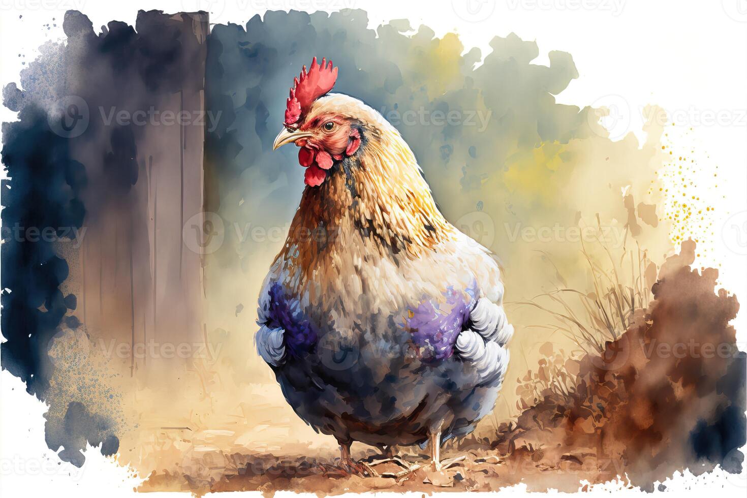 ai généré poule dans cultiver. aquarelle La peinture de mignonne poulet ferme animaux. photo