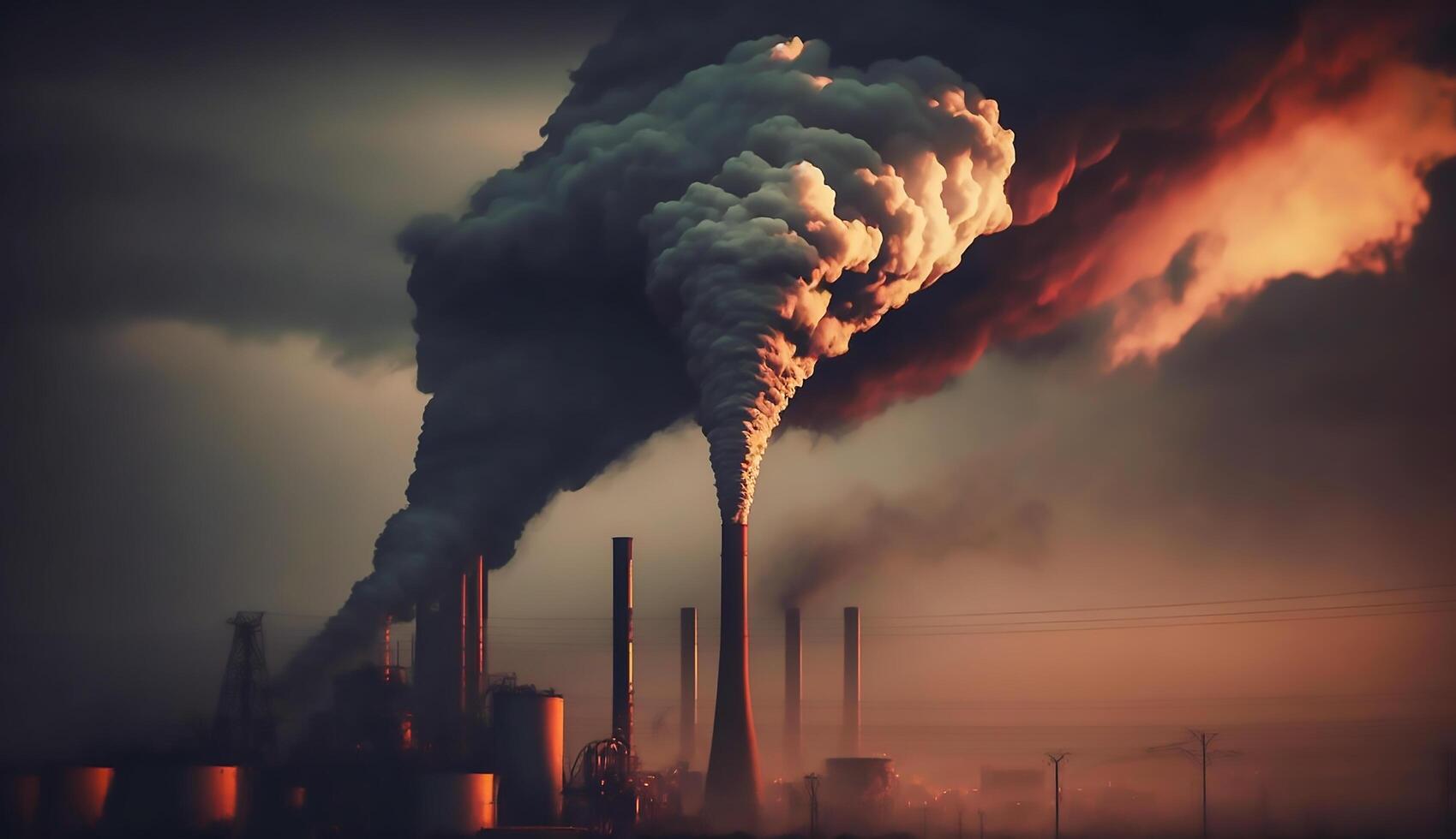 industriel usine pollution, cheminée échappement des gaz, mal atmosphère, génératif ai photo