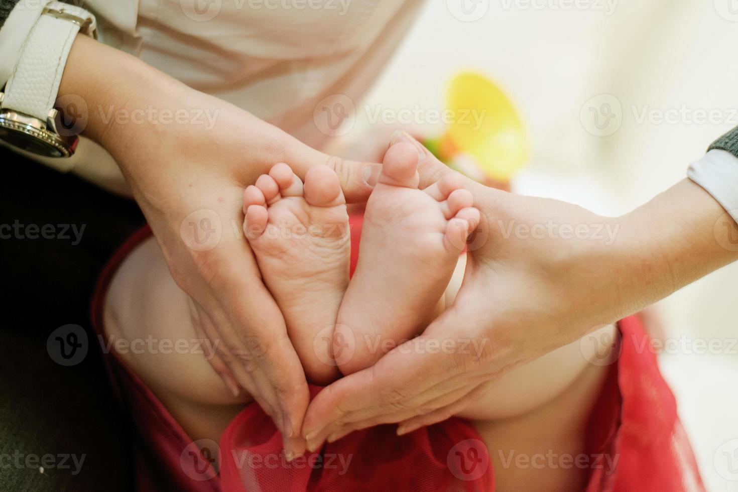 maman détient le jambes de une nouveau née bébé dans sa palmiers. maternité, l'amour et se soucier photo