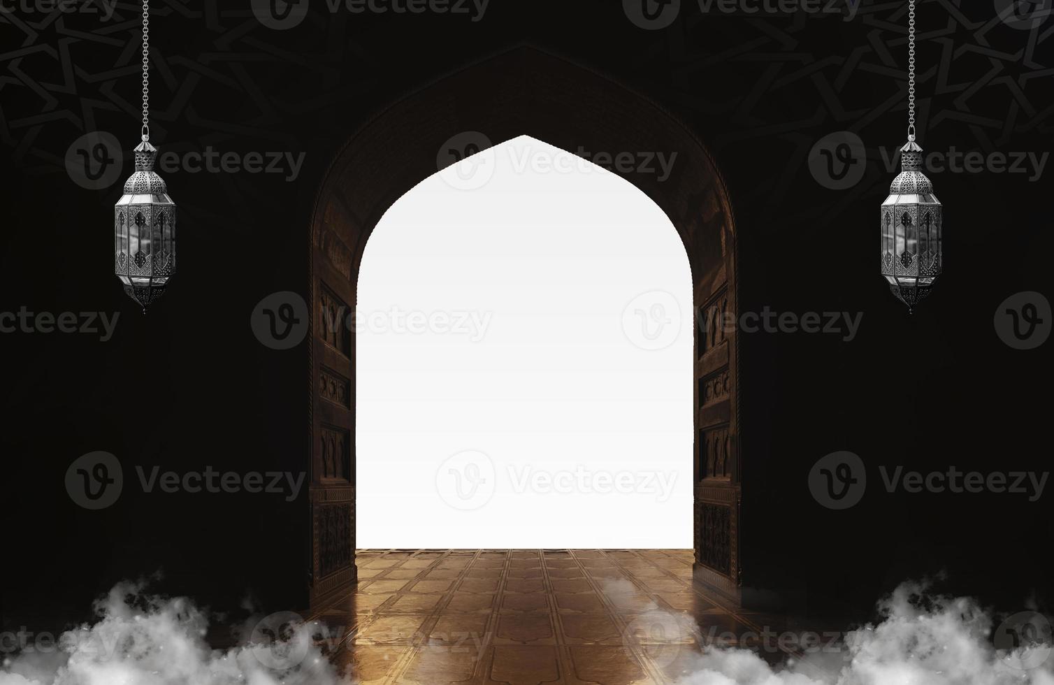 une foncé pièce avec une porte et fumée à venir en dehors .un Contexte pour Ramadan. social médias des postes .musulman saint mois Ramadan kareem .Ramadan mubarak magnifique salutation carte photo