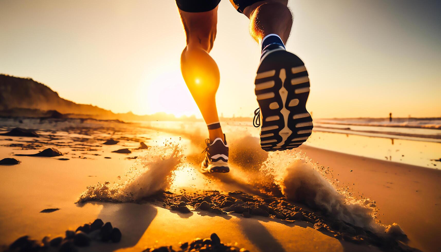 proche en haut jambes coureur fonctionnement sur lever du soleil bord de mer piste, ai génératif photo