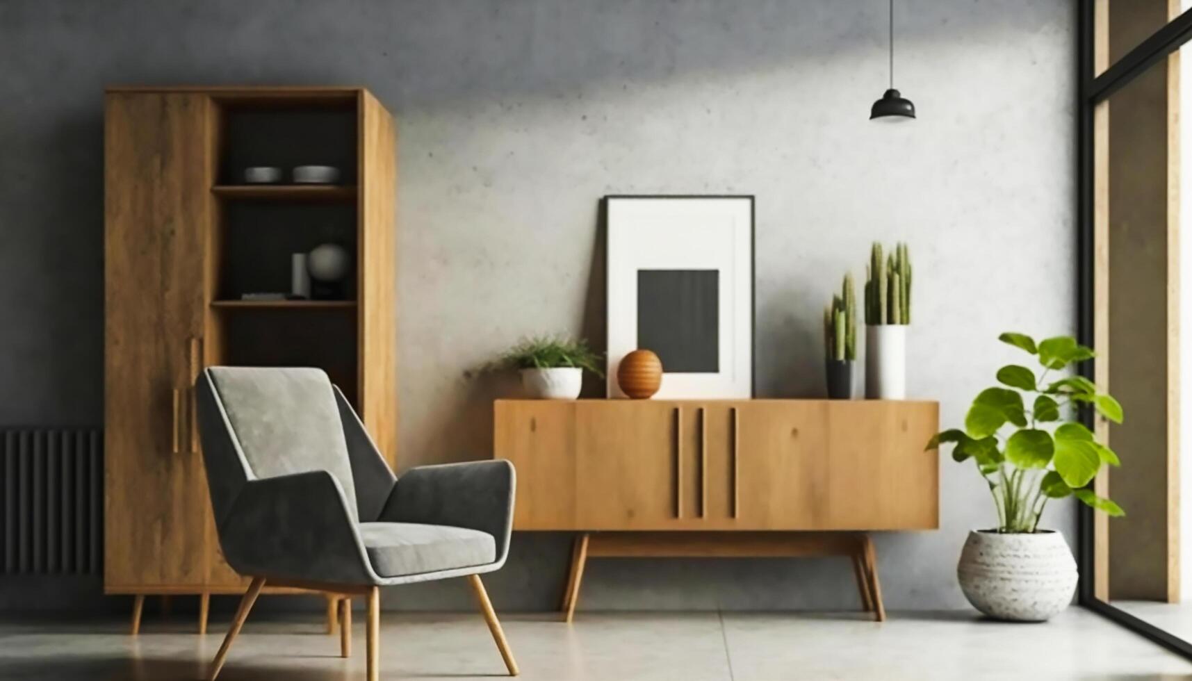 intérieur de une beige maquette vivant pièce avec bois armoire, table, étagère et fauteuil avec brillant béton grenier style mur, génératif ai photo