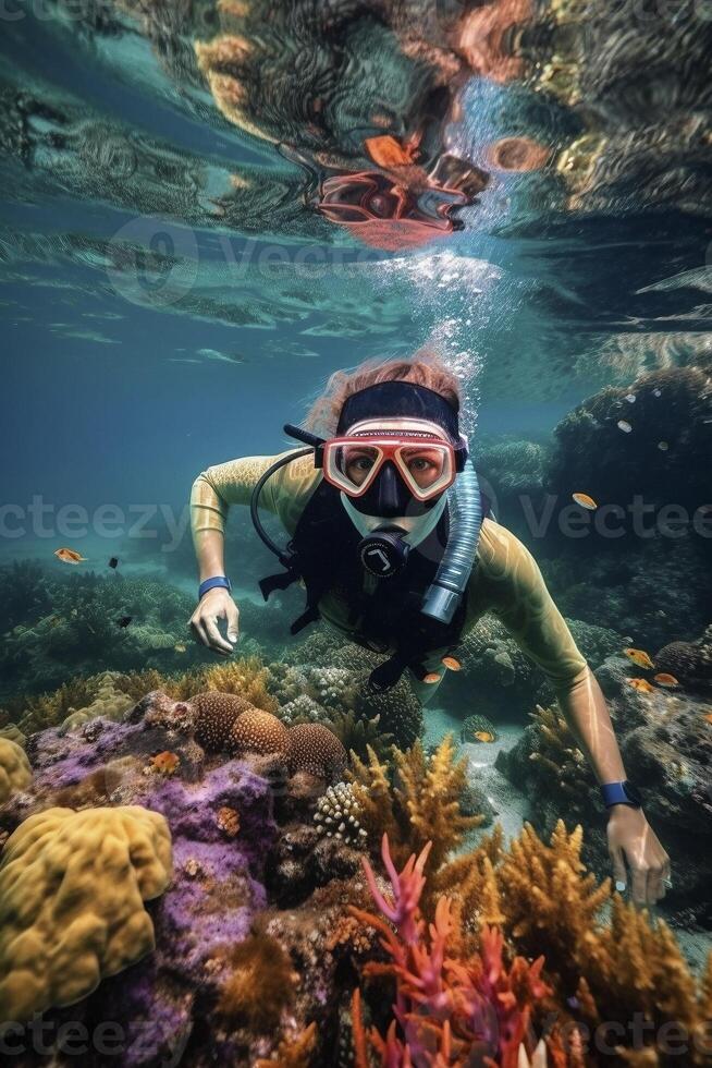 tuba plongée à tropical corail récif, établi avec génératif ai photo