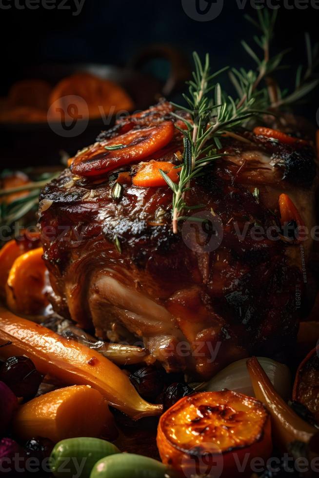 entier rôti porc cou, cuit dans du vin avec des légumes. photo