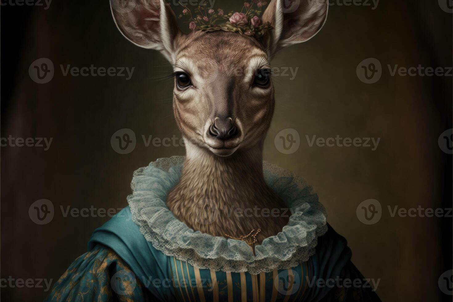 portrait de cerf dans une victorien robe. ai généré photo