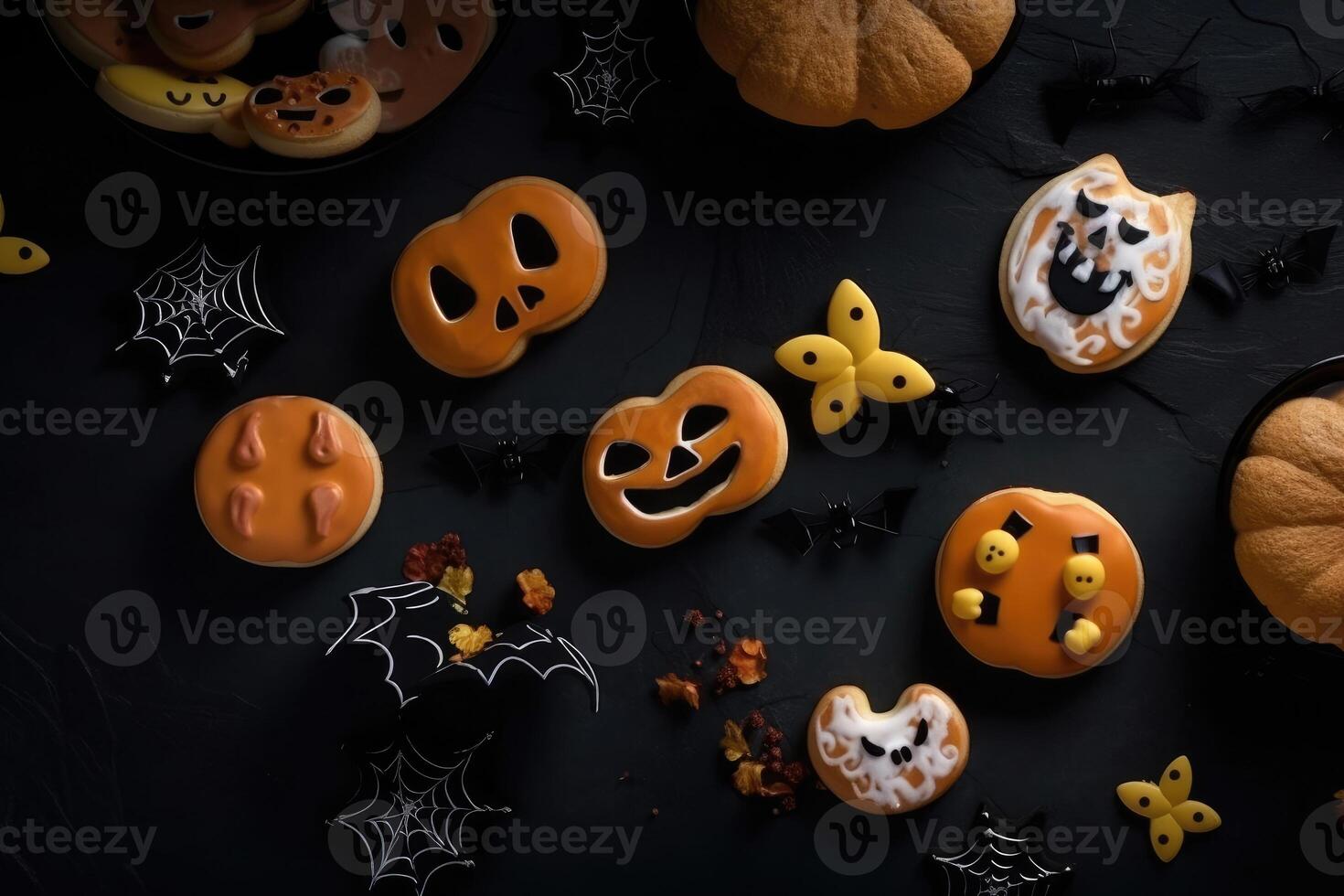 Haut vue sur effrayant Halloween biscuits sur une foncé Contexte établi avec génératif ai technologie. photo