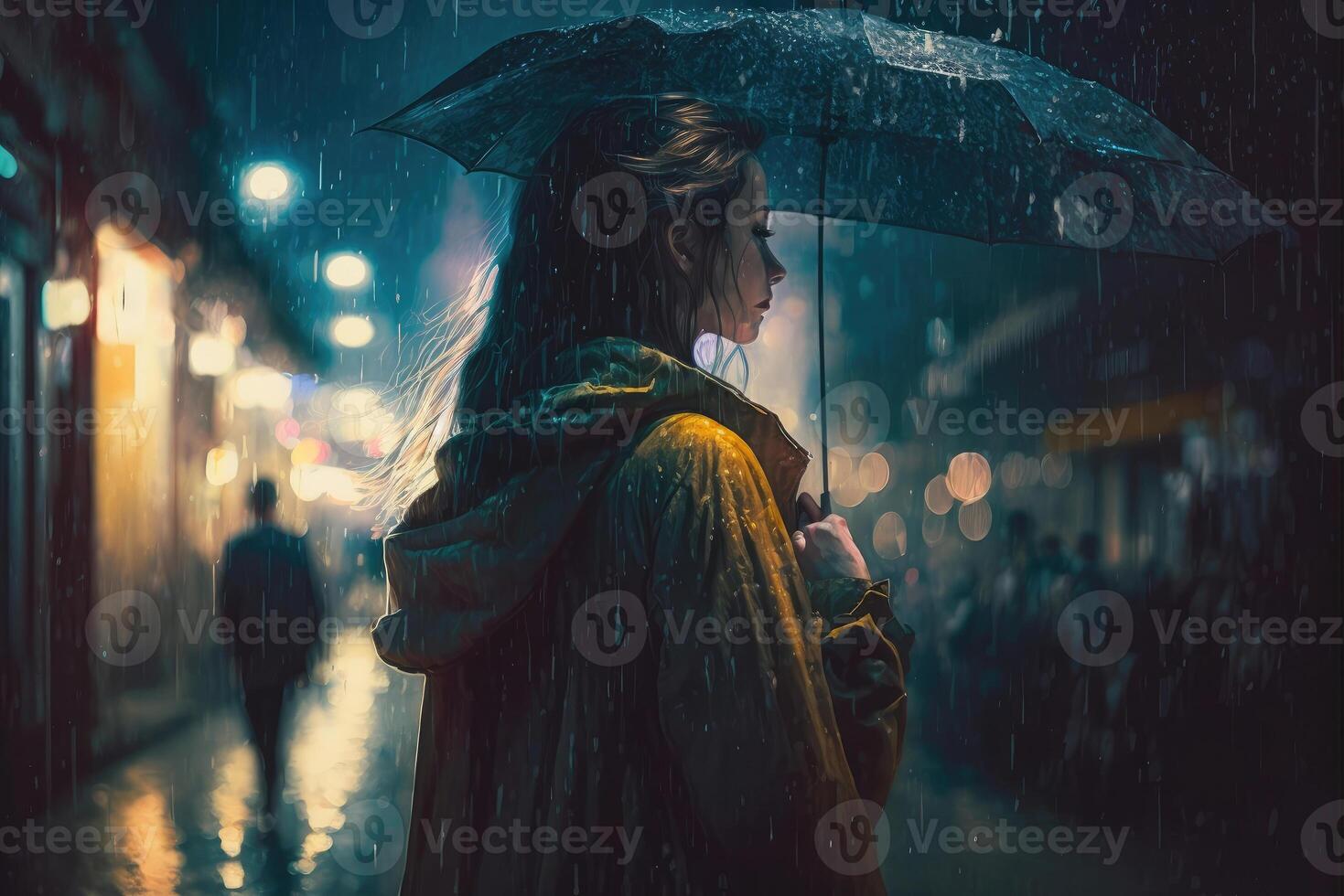 une Jeune femme avec un parapluie des promenades dans une moderne ville à nuit et lourd pluie établi avec génératif ai technologie. photo