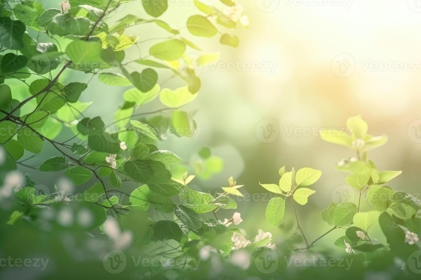 une magnifique printemps Contexte avec feuilles et peu fleurs sur une lumière Contexte établi avec génératif ai technologie. photo