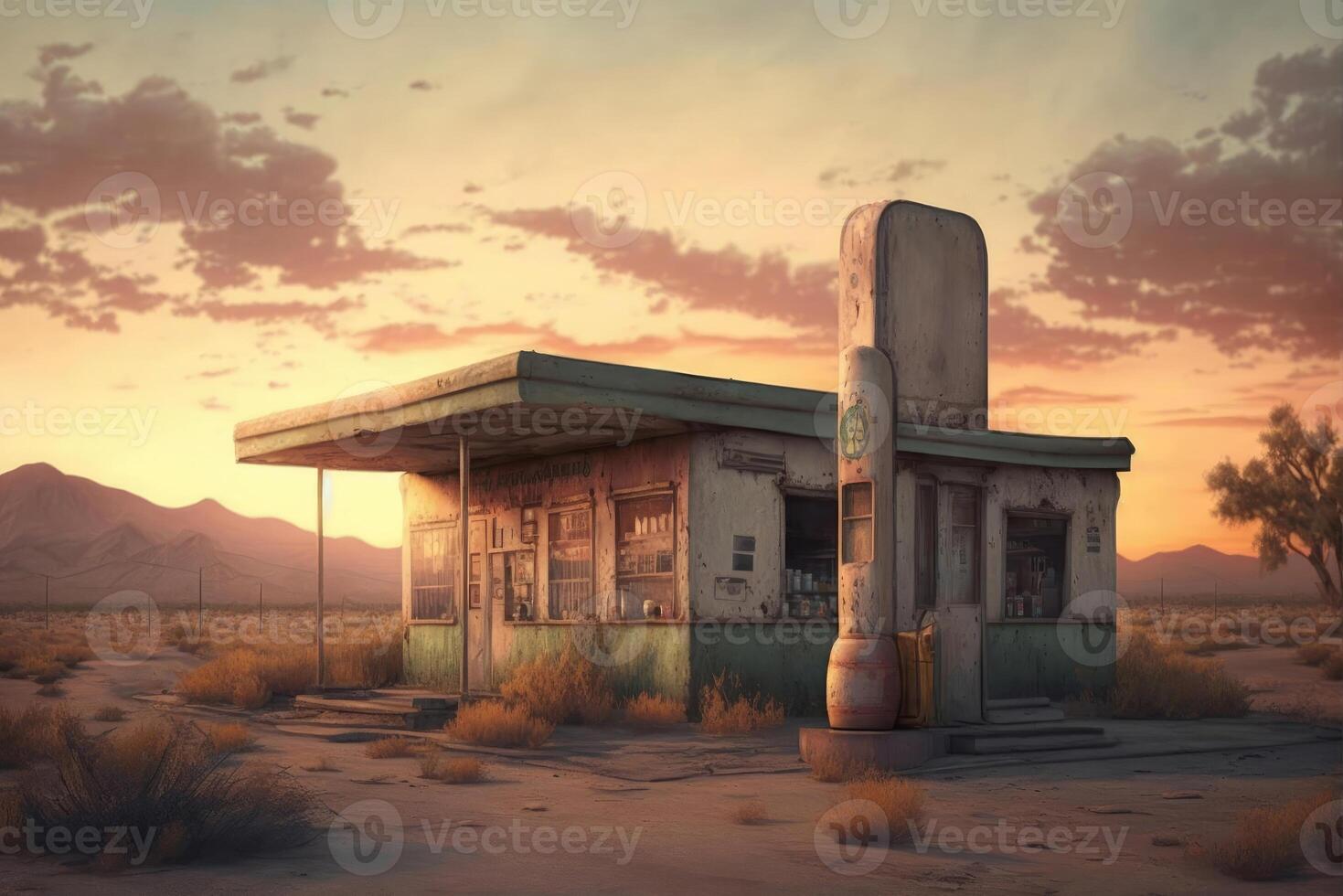 un vieux abandonné essence station sur une route dans le désert établi avec génératif ai technologie. photo