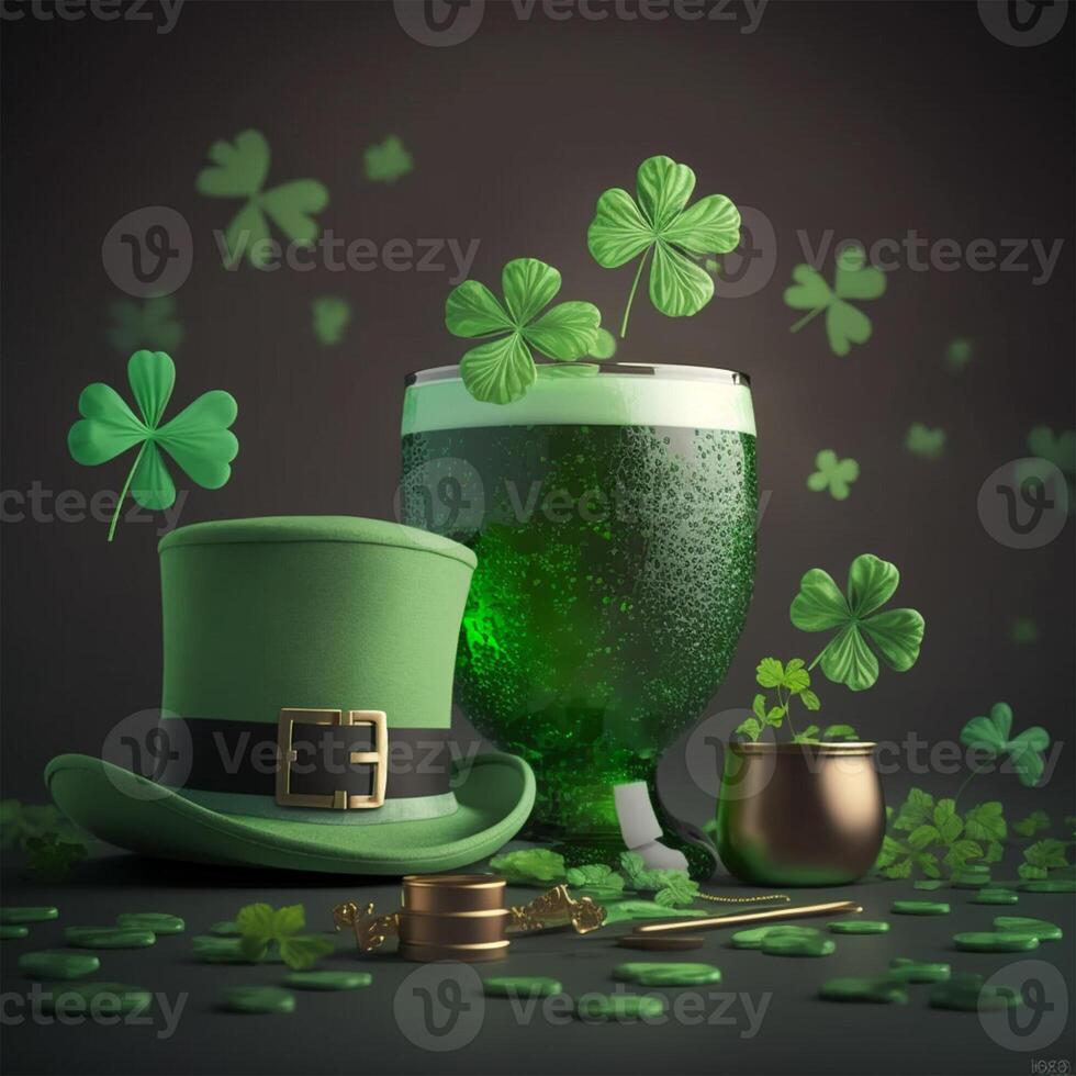 plus sombre Contexte avec trèfles vert chapeau brille Bière plein des lunettes irlandais style, chaudron et trèfles génératif ai photo