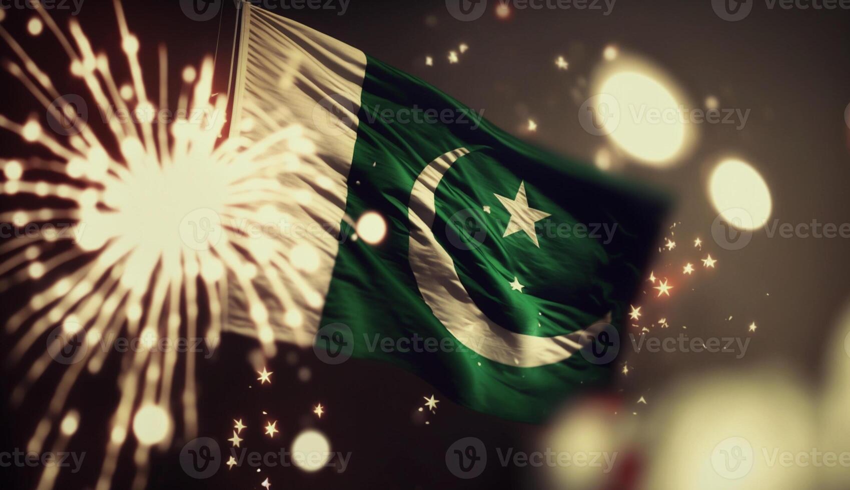 indépendance journée Pakistan bannière avec une drapeau sur foncé Contexte avec feux d'artifice ai généré photo