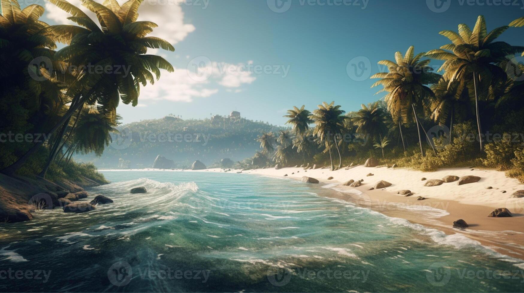 mer côté vue avec plage et paume des arbres, été scène ai généré photo