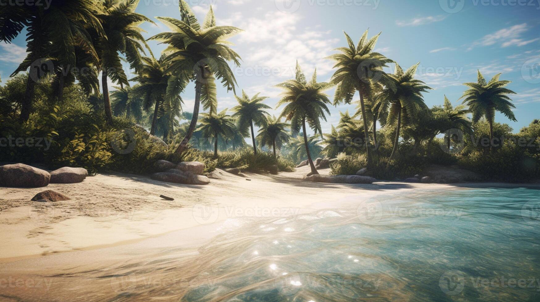 mer côté vue avec plage et paume des arbres, été scène ai généré photo