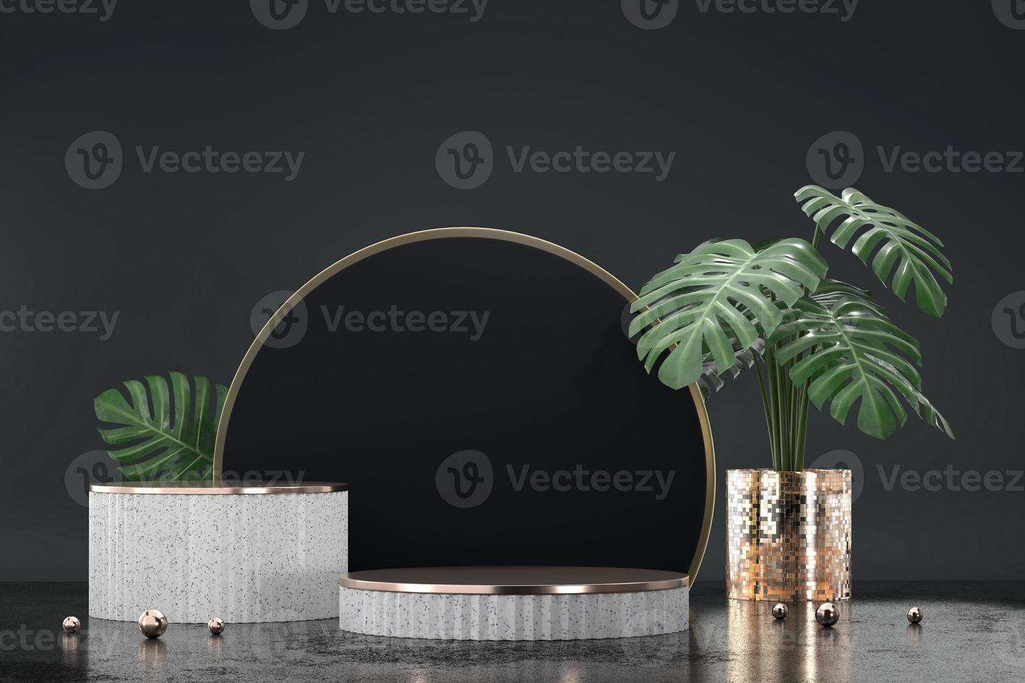 podium blanc pour vitrine de présentation de produit avec décoration de pot monstera photo