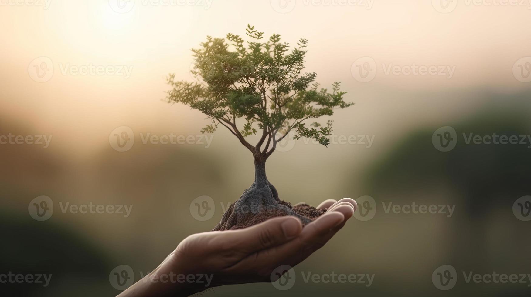 artistique mains embrasse la nature beauté en portant arbre plus de flou Contexte photo