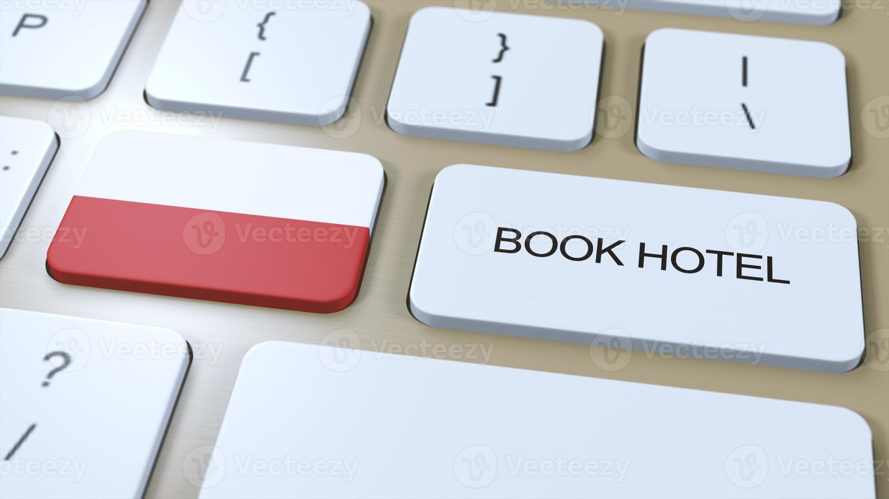 livre Hôtel dans Pologne avec site Internet en ligne. bouton sur ordinateur clavier. Voyage concept 3d animation. livre Hôtel texte et nationale drapeau. 3d illustration photo