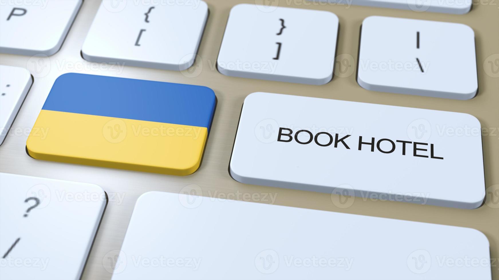 livre Hôtel dans Ukraine avec site Internet en ligne. bouton sur ordinateur clavier. Voyage concept 3d animation. livre Hôtel texte et nationale drapeau. 3d illustration photo